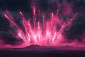 Wall Mural - A photo of pink fireworks illuminating the night sky, creating an enchanting display of colors and shapes. 