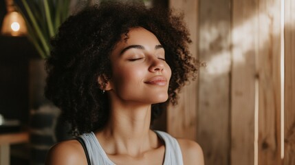 Poster - In a cozy, well-lit room, a peaceful woman with curly hair enjoys a moment of relaxation. She closes her eyes, soaking in the calm atmosphere and the warm light that surrounds her