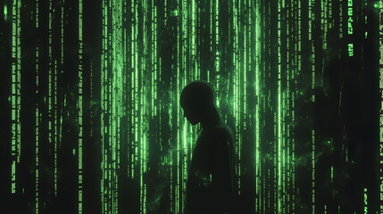Poster - Hacker observing falling green digital rain code programming language in cyberspace