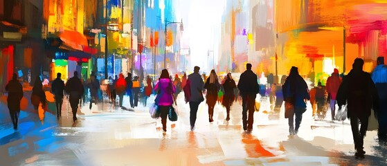 Poster - Lively and vibrant urban street scene with a crowd of blurred silhouettes of people walking in the city at night  Colorful lights neon signs and a festive
