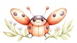 © Natcharat - Chibi-style ladybug with a tiny round body, soft watercolor red wings, and a cheerful expression, crawling on a white background