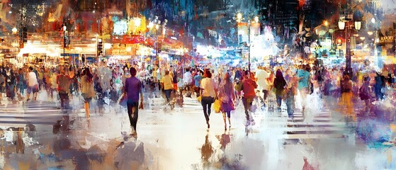 Poster - Lively Nighttime City Street Scene with Bustling Crowd and Glowing Lights   Blurred motion of people walking on wet pavement under illumination of neon lights and buildings in a vibrant