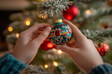 Wall Mural - child hanging christmas ornament on decorated tree