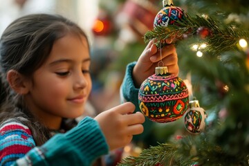 Wall Mural - young girl hanging colorful ornaments on christmas tree at home