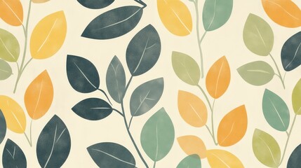 Poster - A repeating pattern of stylized leaves in muted tones of green, yellow, and brown, creating a calm, nature-inspired aesthetic perfect for environmental or organic branding