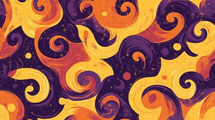 Poster - a retro 70s-inspired pattern featuring swirling psychedelic shapes in vibrant oranges, yellows, and 