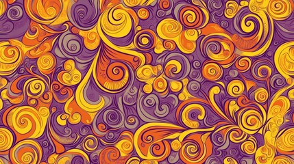 Wall Mural - A retro 70s-inspired pattern featuring swirling psychedelic shapes in vibrant oranges, yellows, and purples, ideal for nostalgic or funky design projects.