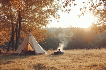 Poster - Cozy campsite set up at sunset with a fire pit and a tent surrounded by autumn trees. Generative AI