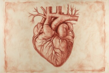 Poster - Detailed anatomical drawing of the human heart showcasing its complex structure and blood vessel connections. Generative AI