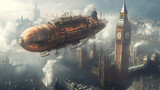 Steampunk Airship Over Victorian Cityscape