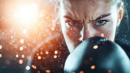 Poster - a female boxer landing a powerful punch on her opponent, showcasing strength, determination, and the