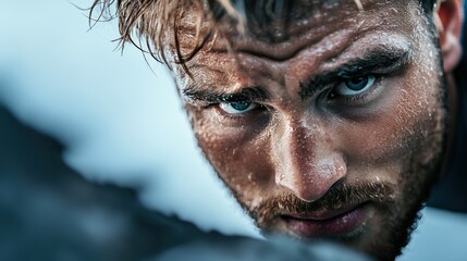 Poster - a close up shot of a climber determined face as they push themselves to their physical limit, highli