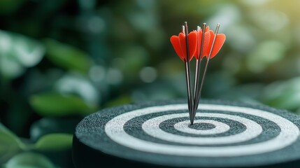 Poster - a series of arrows clustered tightly around the bullseye of a target, representing consistency, skil
