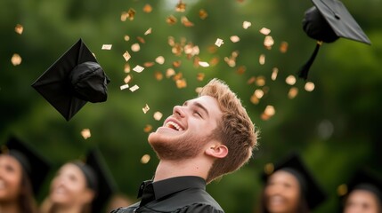 Poster - a group of students wearing graduation caps and gowns, tossing their caps high in the air with joyfu