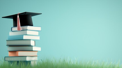 Poster - a stack of books with a graduation cap resting on top, symbolizing the culmination of years of hard 