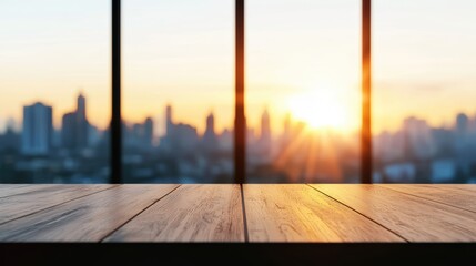 Poster - a view of a bustling city skyline from a conference room window, symbolizing ambition, innovation, a