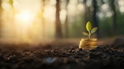 Poster - a stack of gold coins with a plant sprouting from the top, symbolizing growth, prosperity, and long 