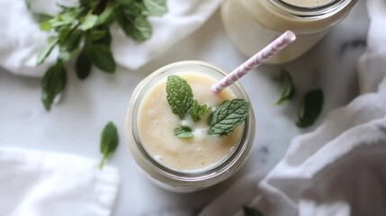 Wall Mural - Creamy banana smoothie with mint garnish in a glass jar with pink straw