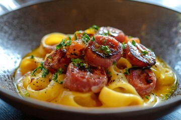 Seared sausage enhancing creamy paccheri pasta dish garnished with parsley