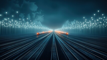 Poster - An intricate network of railway tracks converging at a bustling central station, with trains arriving and departing from numerous platforms.