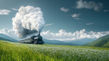 Poster - A vintage steam engine pulling a passenger train through a rural landscape, its billowing smoke plumes creating a nostalgic scene.