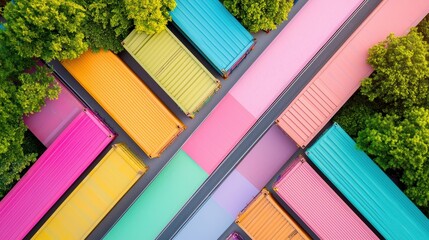 Poster - An aerial view of a sprawling railway yard, with colorful cargo containers stacked neatly beside crisscrossing tracks and bustling with activity.