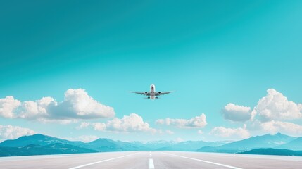 Poster - A panoramic view of an airport runway with mountains in the background, as a plane prepares for landing under a bright blue sky.