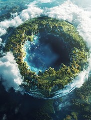 Leinwandbilder - Mysterious circular island surrounded by clouds and ocean in a surreal landscape. Generative AI