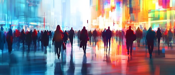 Poster - Vibrant and dynamic cityscape at night with a crowd of blurred figures moving through the streets amidst a backdrop of vivid multicolored lights and digital effects