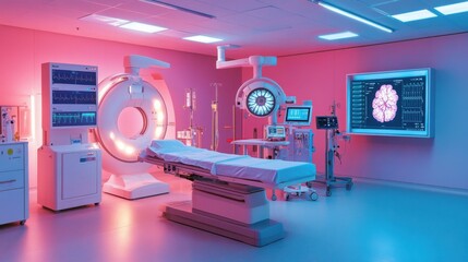 Poster - Smart medical lab setup with an EEG scanner, neural stimulation device, and an AI-powered analysis screen.