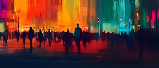 Leinwandbilder - Vibrant and dynamic nighttime city street scene with a crowd of colorful illuminated silhouettes and reflections creating a mesmerizing and futuristic urban landscape