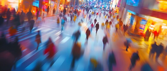 Poster - Vibrant and dynamic nighttime cityscape featuring a blurred crowd of people in motion against a backdrop of illuminating neon lights buildings and busy urban architecture