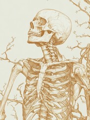 Aufkleber - Skeleton illustration showcasing anatomy details with a unique artistic style in a light color palette. Generative AI