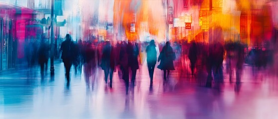 Poster - Vibrant blur of city lights bustling crowds and dynamic energy captured in a surreal ethereal cityscape  Captures the fast paced modern metropolitan lifestyle and atmosphere of an urban nightscape