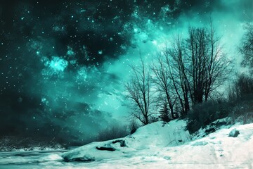 Majestic icy wilderness with surreal lighting and dramatic turquoise and black sky hues