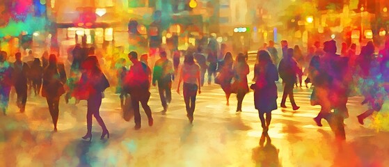 Poster - Vibrant colorful city street scene at night with a blurred crowd of anonymous commuters silhouettes and pedestrians walking along the sidewalks and street creating a dynamic