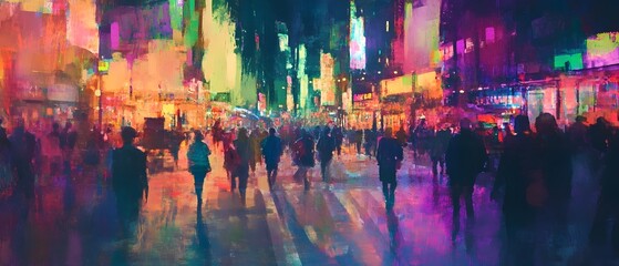 Aufkleber - vibrant nighttime city street scene with colorful neon lights bustling crowds and a lively atmospher