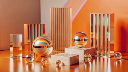 Wall Mural - abstract geometric composition with spheres and prisms