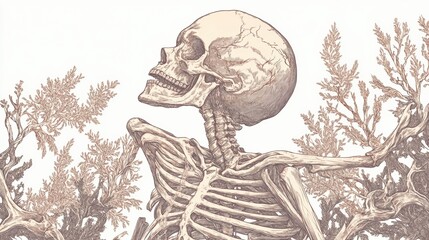 Poster - Skeleton surrounded by foliage in an artistic rendition showcasing intricate bone structure and natural elements. Generative AI