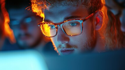 Poster - A group of colleagues working together on a project, their faces illuminated by laptop screens as they collaborate late into the night.