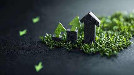 Wall Mural - A close up shot of a stock market graph showing an upward trend, with green arrows indicating positive growth and financial success.