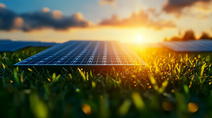 Solar Panels Array on Green Grass Field Against Dramatic Sunset Sky for Renewable Energy