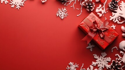 Wall Mural - A festive arrangement featuring a red gift box and winter decorations on a red background.