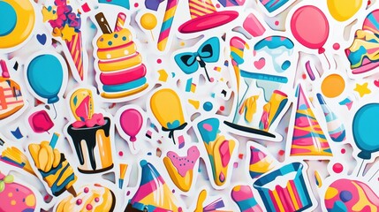 Aufkleber - Colorful collection of festive stickers featuring balloons, cakes, confetti, and party hats for celebration themes. Generative AI