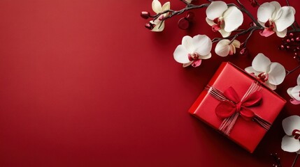 Wall Mural - A festive red gift box surrounded by white orchids and decorative branches on a red background.