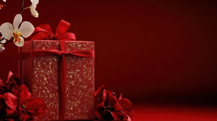 Wall Mural - A beautifully wrapped red gift box with a ribbon, surrounded by flowers on a red background.