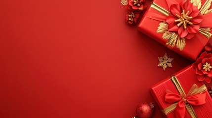 Wall Mural - A festive arrangement of red gift boxes and decorations on a solid red background.