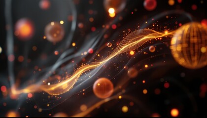 Fototapete - Abstract digital wave with glowing particles and spheres in motion
