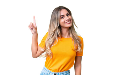 young uruguayan woman over isolated background showing and lifting a finger in sign of the best