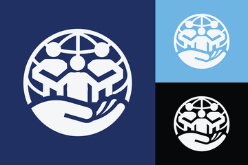 Poster - The image shows a flat logo design of abstract people inside a globe with a hand holding them. The logo is in white color and looks clean on a dark blue background.
